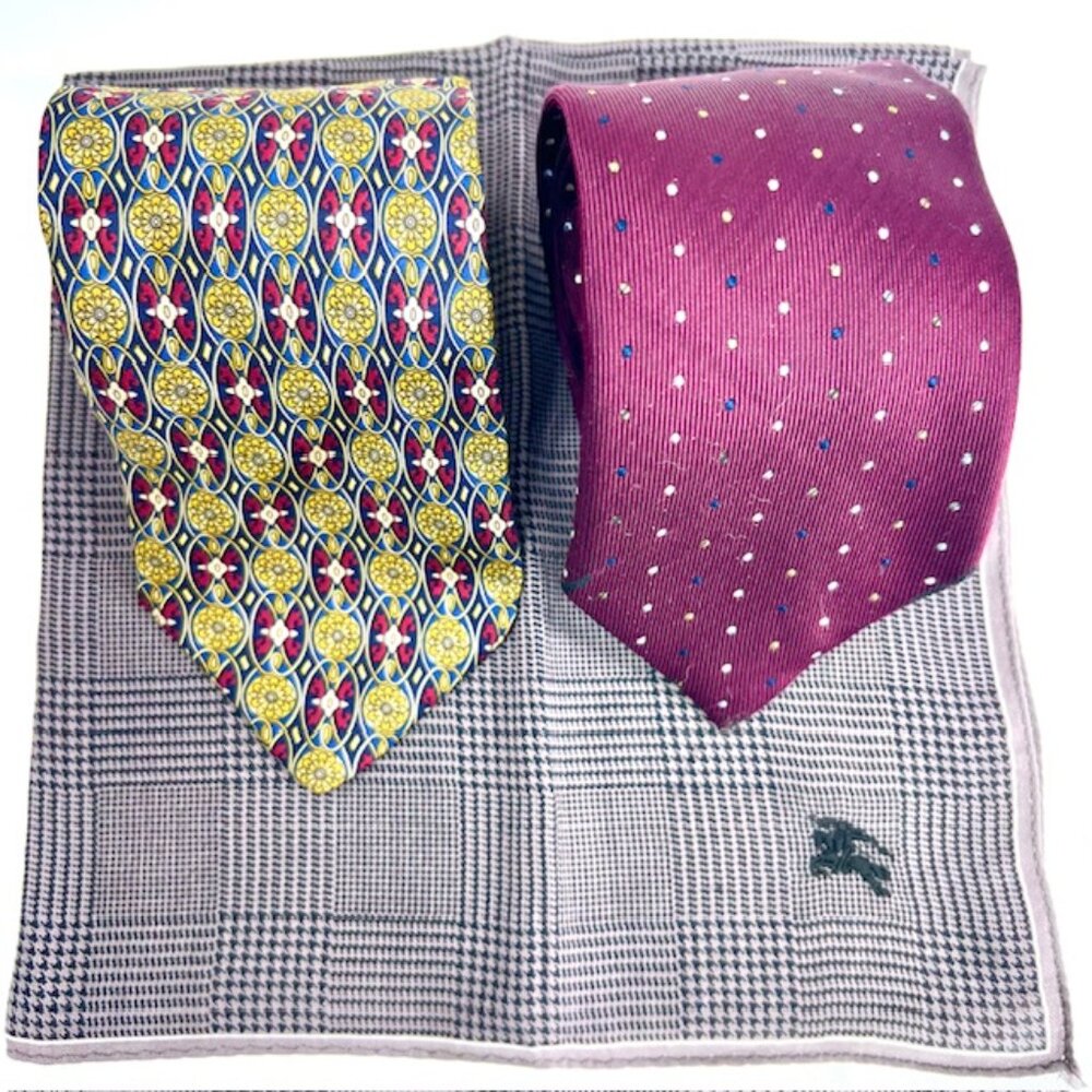 Set: 2 Neckties Burberry Burgendy Dott & Feraud Louis +1Burberry Handkerchief(52 - Picture 4 of 13